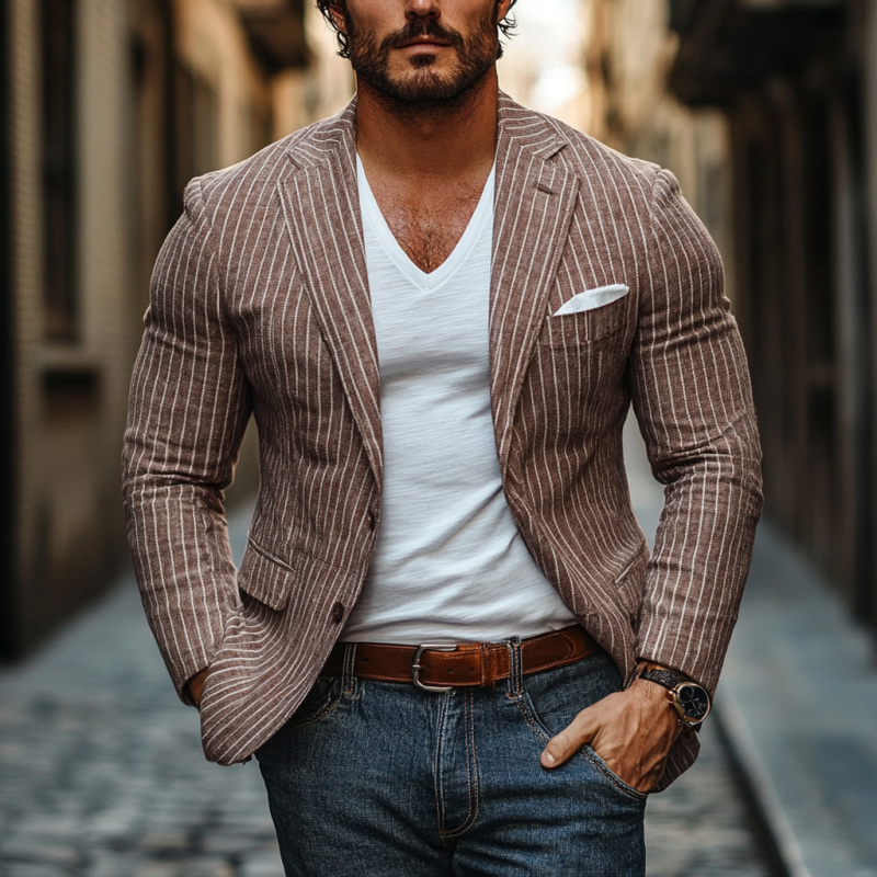 Men's Casual Breathable Linen Stripe Notched Lapel Single Breasted Slim Fit Blazer MTA2859D0M