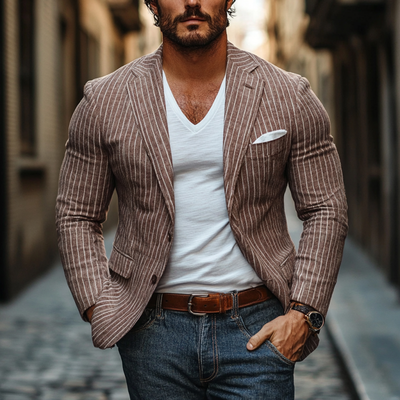 Men's Casual Breathable Linen Stripe Notched Lapel Single Breasted Slim Fit Blazer MTA2859D0M