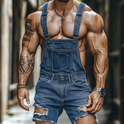 Men's Retro Casual Ripped Denim Washed And Worn Bib Shorts MTA0961E2TO