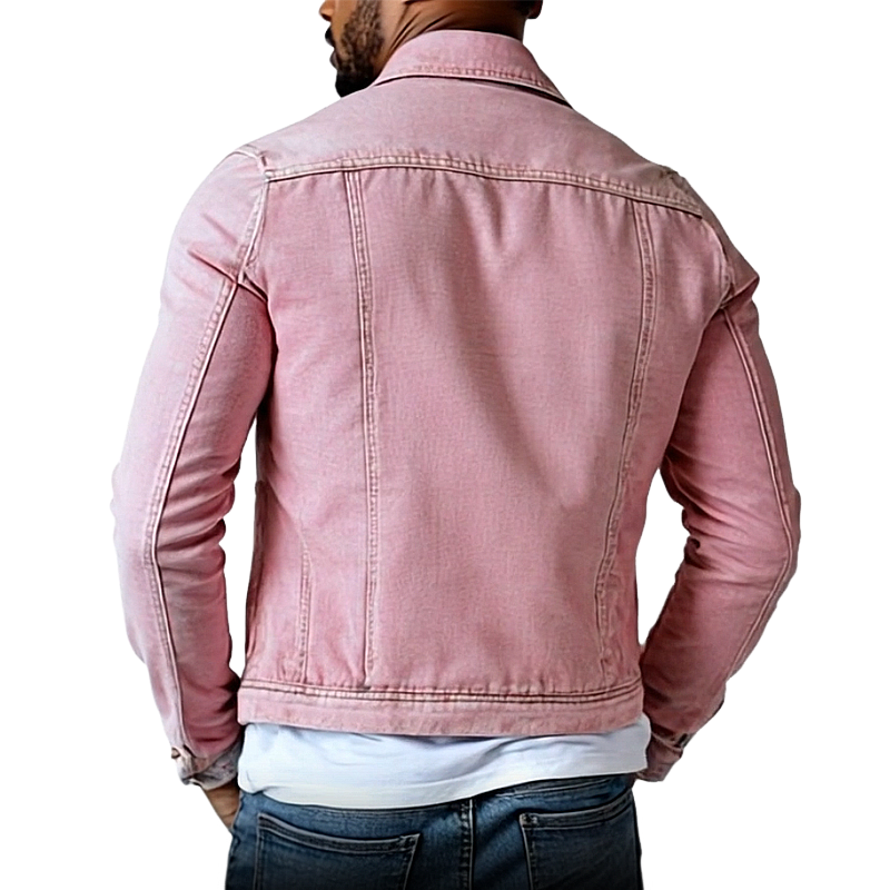 Men's Retro Washed Denim Jacket with Lapel and Multiple Pockets - Style 20763802Y