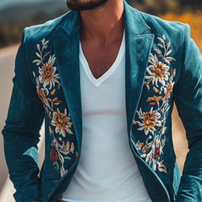 Men's Classic Retro Casual Slim Fit Western Style Embroidered Sheepskin Suede Blazer 67207851K