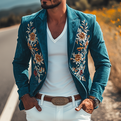 Men's Classic Retro Casual Slim Fit Western Style Embroidered Sheepskin Suede Blazer 67207851K