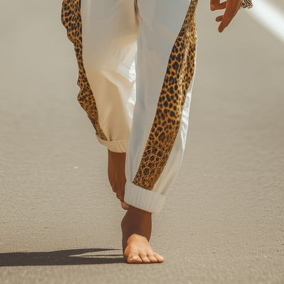Men's Spring And Summer Fashion Cotton Blended Leopard Print Elastic Waist Casual Pants MTA1349E7K