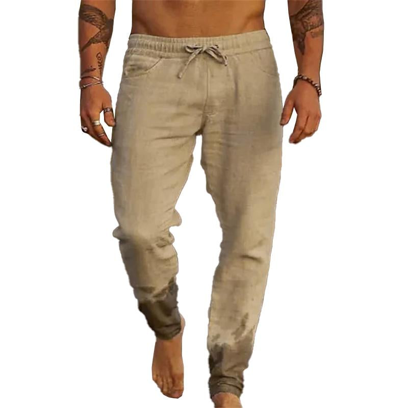 Men's Casual Solid Color Cotton Blend Drawstring Elastic Waist Loose Beach Pants 31939183M