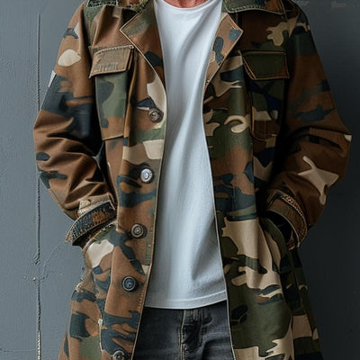 Men's Camouflage Mid-Length Cargo Trench Coat with Lapel and Breast Pocket - Style 74550095Z