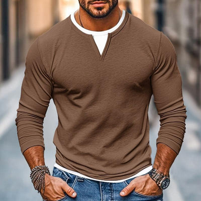 Men's Casual Color Block V-Neck Long Sleeve T-Shirt - Double Layered Design