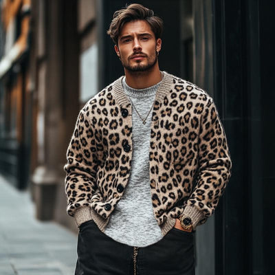 Men's Retro Leopard Jacquard Colorblock Single-Breasted Cardigan - Style 96422693Y