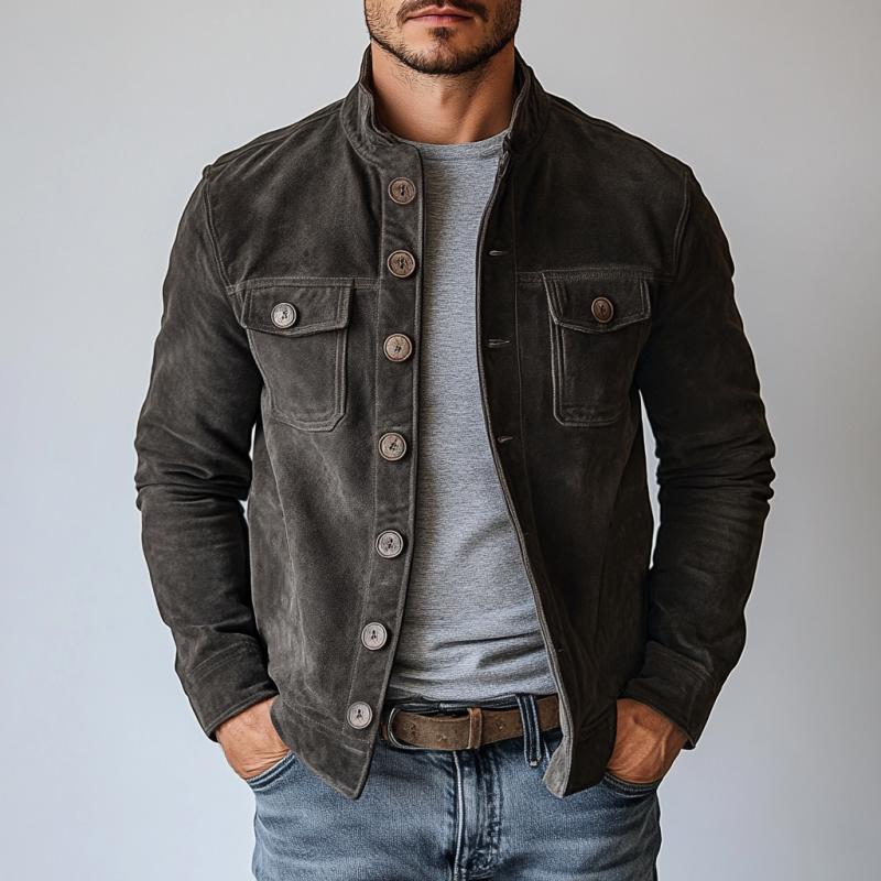 Men's Retro Suede Single-Breasted Stand Collar Jacket - Style 65731063Y
