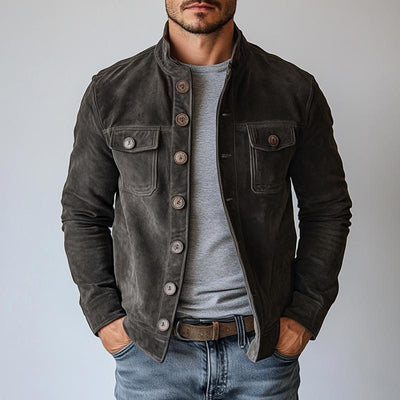 Men's Retro Suede Single-Breasted Stand Collar Jacket - Style 65731063Y