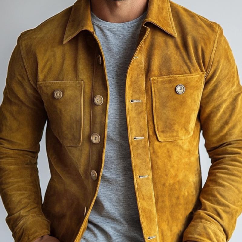 Men's Retro Suede Jacket with Chest Pocket - Single Breasted Style 16710986Y