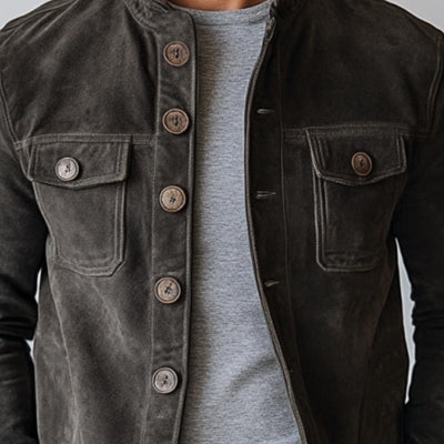 Men's Retro Suede Single-Breasted Stand Collar Jacket - Style 65731063Y