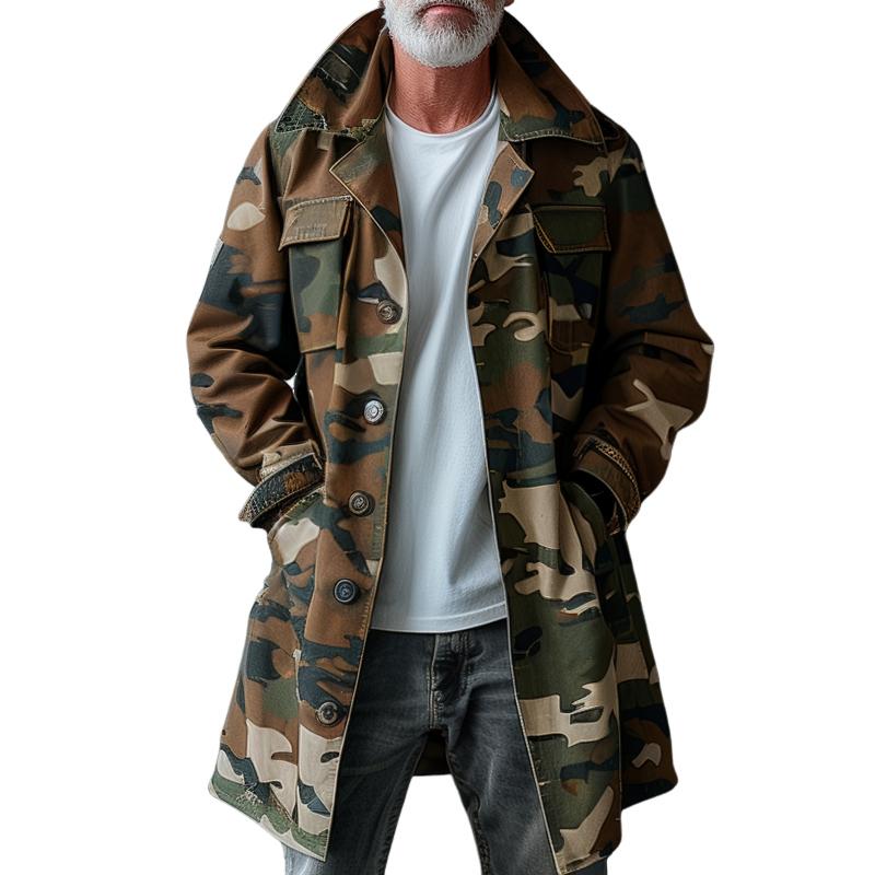 Men's Camouflage Mid-Length Cargo Trench Coat with Lapel and Breast Pocket - Style 74550095Z