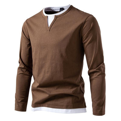 Men's Casual Color Block V-Neck Long Sleeve T-Shirt - Double Layered Design