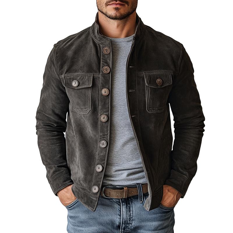 Men's Retro Suede Single-Breasted Stand Collar Jacket - Style 65731063Y