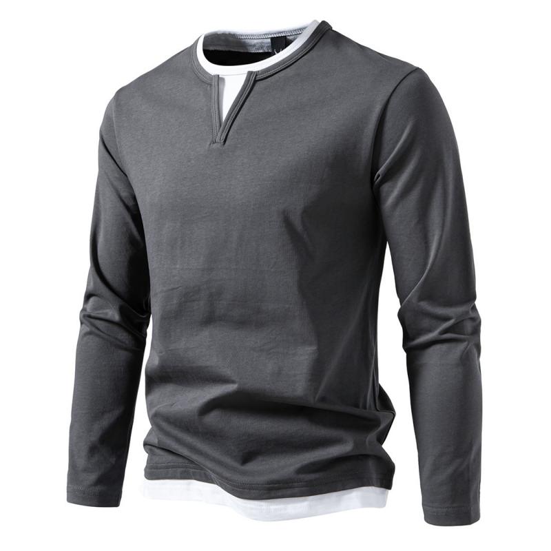 Men's Casual Color Block V-Neck Long Sleeve T-Shirt - Double Layered Design