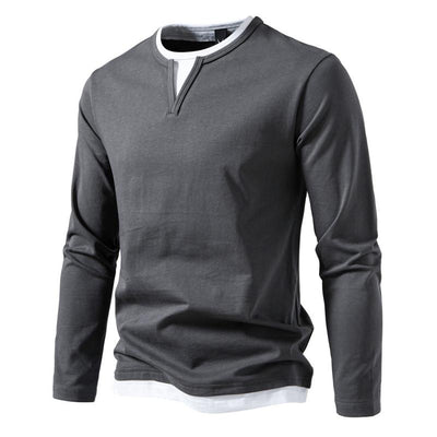 Men's Casual Color Block V-Neck Long Sleeve T-Shirt - Double Layered Design