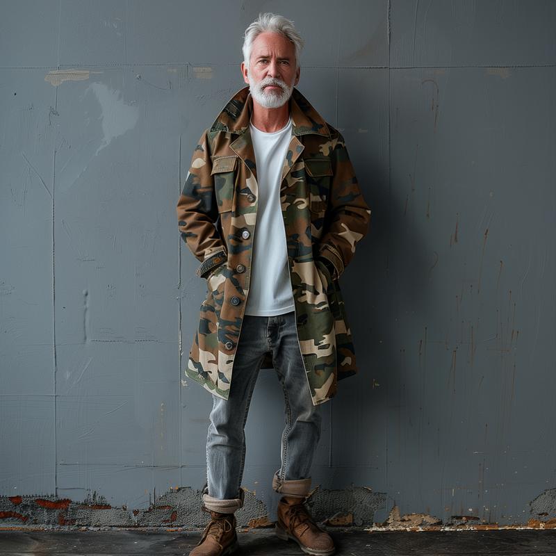 Men's Camouflage Mid-Length Cargo Trench Coat with Lapel and Breast Pocket - Style 74550095Z