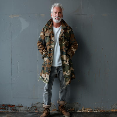 Men's Camouflage Mid-Length Cargo Trench Coat with Lapel and Breast Pocket - Style 74550095Z