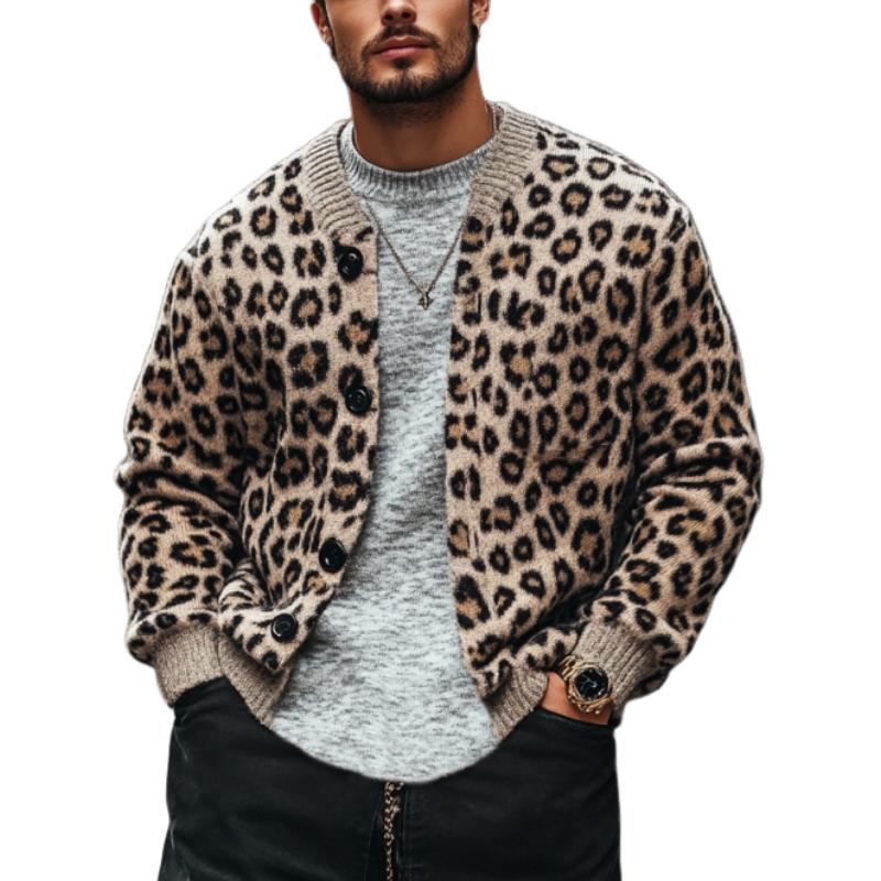 Men's Retro Leopard Jacquard Colorblock Single-Breasted Cardigan - Style 96422693Y