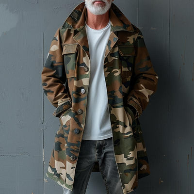 Men's Camouflage Mid-Length Cargo Trench Coat with Lapel and Breast Pocket - Style 74550095Z