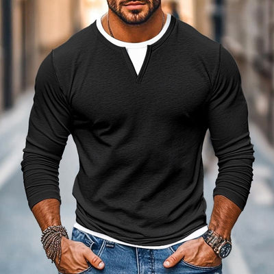 Men's Casual Color Block V-Neck Long Sleeve T-Shirt - Double Layered Design