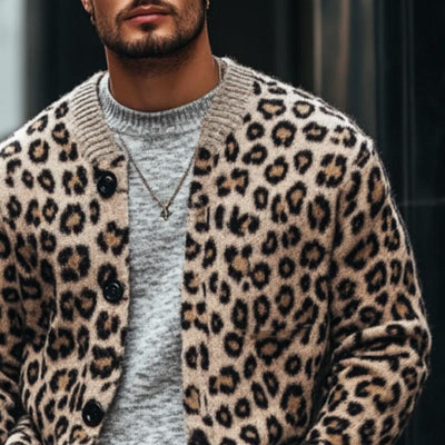 Men's Retro Leopard Jacquard Colorblock Single-Breasted Cardigan - Style 96422693Y